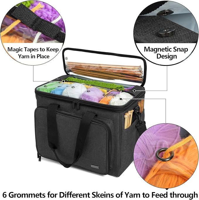 Teamoy Knitting Bag, Yarn Storage Organizer Crochet Bag Tote, Black | Yarn Holder with Inner Divider(Sewn to Bottom) for Crochet Hook, Knitting Needles(Up to 14"), Project and Crocheting Supplies