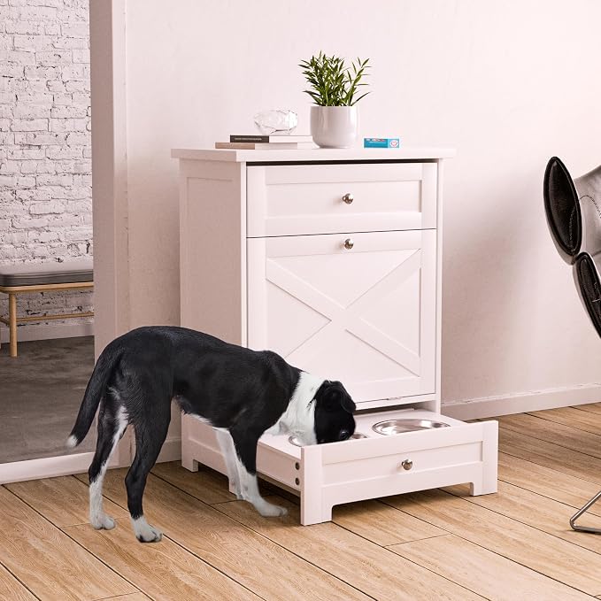 Dog Feeding Station with 2 Elevated Bowls,Hidden Pet Feeder Station with Tilt Out Dog Food Storage Cabinet,Dog & Cat Storage Organizer with Drawer,White