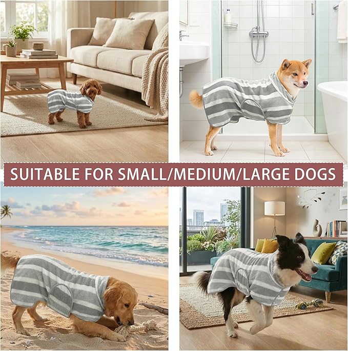 Fast Drying Dog Bath Robe, Super Absorbent Stripes Dogs Towel, Adjustable Warm Keeping Pet Puppy Bath Supplies (Grey, S)
