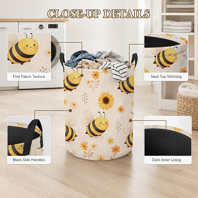 Bumble Bee Laundry Basket Oxford Cloth Sunflower Floral Laundry Hamper With Handle Foldable Portable Clothes Storage Basket Storage Bag For Laundry Room/Bathroom/Bedroom/Dormitory 20.8"x16"