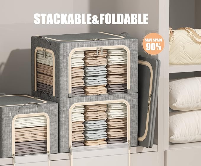 3 Openings Large Clothes Storage Bins with Metal Frame, Foldable Storage Bin for Clothes, Clothing Storage Bins with Lid, Linen Storage Box With Clear Window＆ Zippers＆ Handles.(3 Pcs,Light Grey,66L)