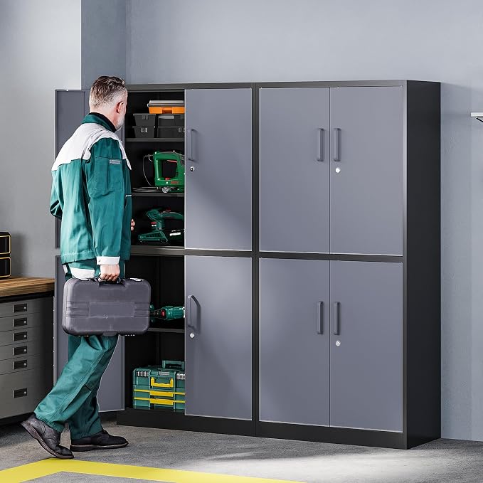 Metal Storage Cabinets with Lock Door and Shelves, Steel Garage Tool Cabinets for Home,Office, Warehouse,Lockers(71"-Black Gray)