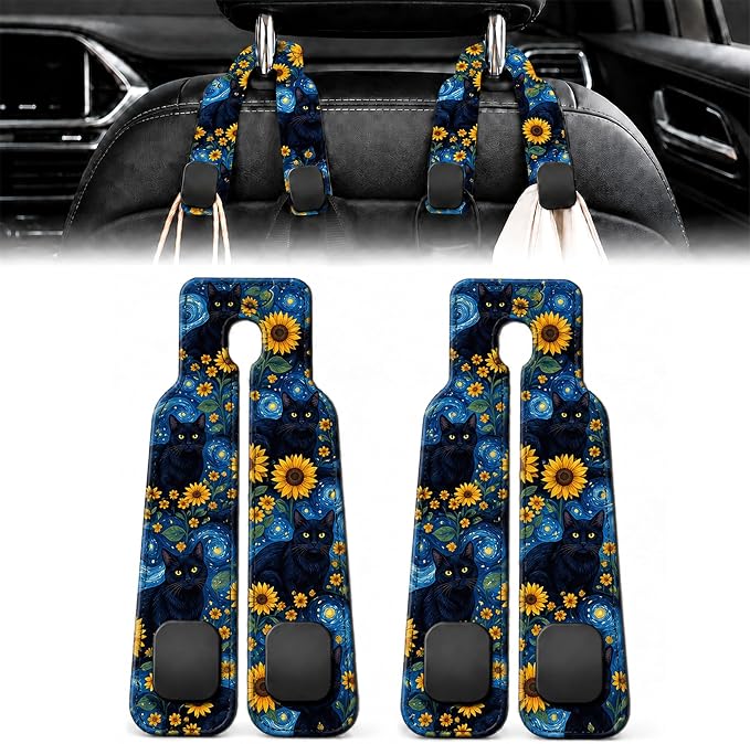 2 Pack Starry Black Cat Car Headrest Hooks for Purse Seat Back Hanger | Sunflower Black Cat Car Accessories Metal Hook,Art Gifts for Women,PU Leather Double Hook for Backseat Organizer