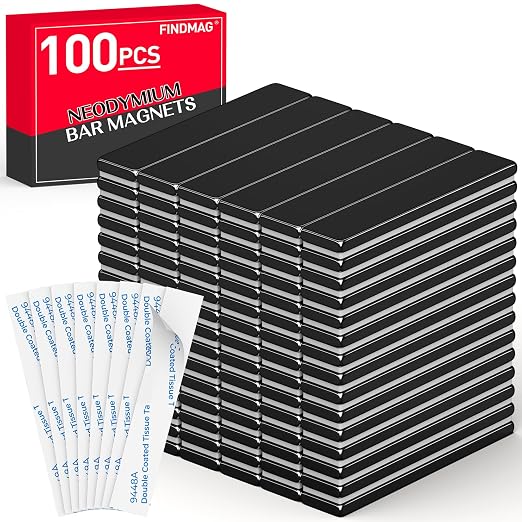 FINDMAG Adhesive Magnets, 100 Pack 60x10x3mm, Neodymium Bar Magnets | Rare earth magnetic strips for repeat mounting projects; for cabinet installations, workshop layouts, displays and tools
