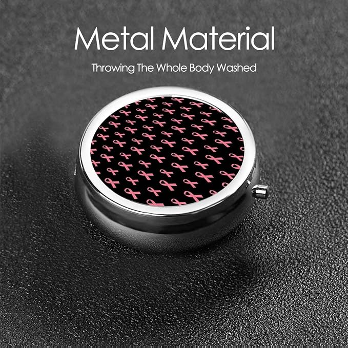 Purse Pill Case, Breast Cancer Pink Ribbon Mini Round Holder, Portable Organizer for Medicine, Travel Pill Box Pocket Carry for Seniors