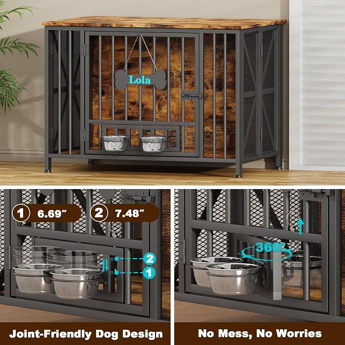 Easycom Foldable Large Dog Crate Furniture, 41.3" Assembly-Free Dog Crates for Large Dogs, Wooden Dog Kennel Indoor with Tag & Dog Bowls, Dog Cage Use as TV Stand, Rustic Brown | Foldable Large Dog Crate Furniture for Large Dogs, Wooden Dog Cage Use as...