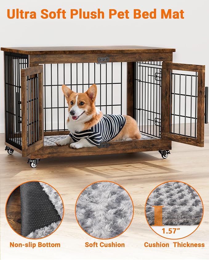 YaFiti Dog Crate Furniture, 32.5” Wooden Dog Kennel, 2 Pack, Rustic Brown | Cushion, Wheels, Double Doors, Furniture Style, Side End Table, Decorative Pet Cage House, Up to 45 lb, for Small/Medium Dogs