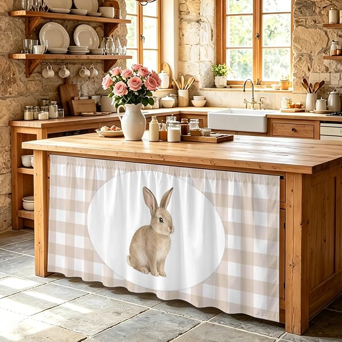 Rabbit Plaid Cabinet Curtains 28"x51" Sink Skirt for Bathroom Kitchen, Modern Farmhouse Checkered Rustic Animal Self Stick Adhesive Under Desk Covers Tall Laundry Cabinet Storage Organizer