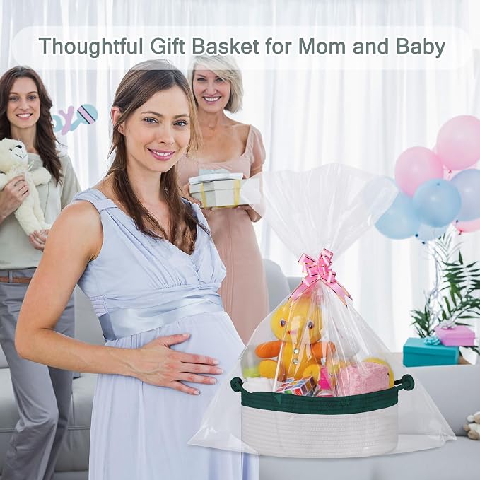 COMSE Small Gift Basket Empty with Bag & Ribbons, Dark Green & White | Cotton Rope, 12"x 8"x 5", Pet Toy Storage Organizer, Woven Basket for Birthdays, Baby Showers, Mother’s Day, Valentine’s Day