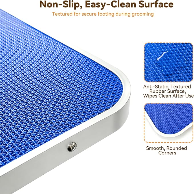 36" Foldable Dog Grooming Table with Adjustable H-Frame Arm & 2 Nooses, Heavy-Duty Stainless Steel Frame, Non-Slip Top, Tool Caddy and Mesh Tray, Blue