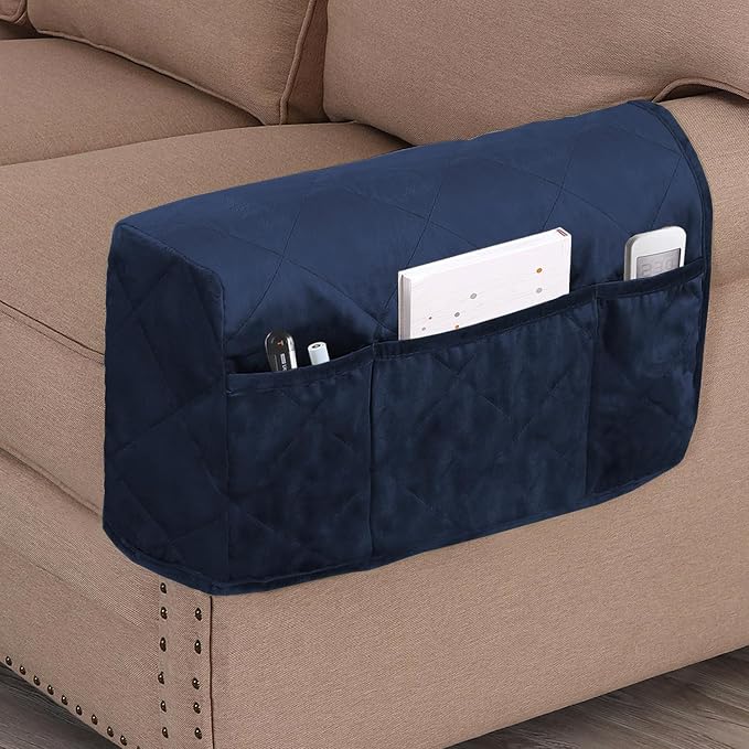 Velvet Quilted Armrest Covers - Water-Resistant Sofa Arm Protectors Set of 2 with Side Pocket Organizer, Non-Slip Furniture Covers for Chairs & Couches (Navy)