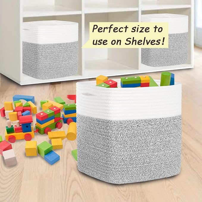 COMFY-HOMI 3PACK Cotton Rope Square Basket with Handles for Shelves|Dog Toy Bin and Storage|Baby Gift|Shoe Organizer|New 11" x 11" x 11" for Living Room