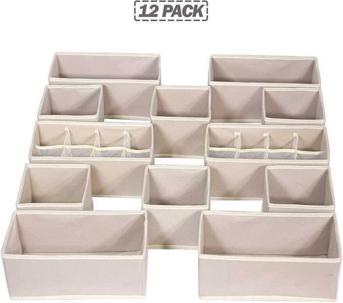 12 Pack Foldable Drawer Organizer Dividers Cloth Storage Box Closet Dresser Organizer Cube Fabric Containers Basket Bins for Underwear Bras Socks Panties Lingeries Nursery Baby Clothes Beige NN246