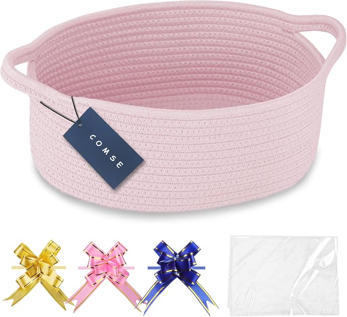 COMSE Empty Small Gift Basket with Bag & Ribbons, Light pink | Cotton Rope, 12"x 8"x 5", Baby Toy Organizer, Stores Small Items for Bedrooms, Nurseries, Bathrooms, Living Rooms, Offices