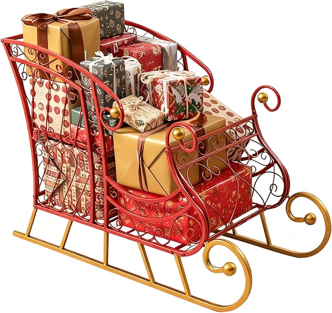 Metal Santa Sleigh, Red Christmas Decoration Sleigh Cart w/ 2-Tier Large Cargo Area for Present, Santa’s Gift Sleigh for Home Lawn Yard, Outdoor Christmas Sleigh Basket for Holiday (Hollow)