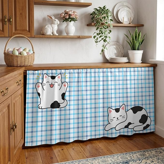 Cute Cat Sink Skirt for Bathroom, Self-Adhesive Under Sink Curtain, Blue Purple Checked Modern Pet Cats Rustic Hide Pipes & Storage Fabric Cabinet Skirt Cover for Kitchen Laundry 32"x55"