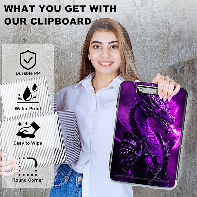 Purple Flaming Dragon A4 Clipboard with Storage Pen Holder, Clipboards Organizer Nursing Clipboard Foldable File Folder Plastic Clipboard Folio Clip Board for Office Students Classroom