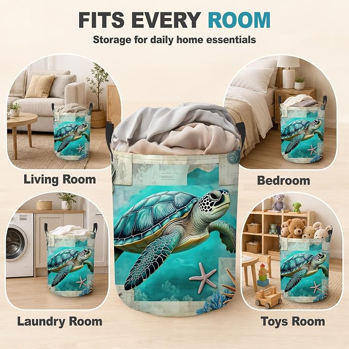 Laundry Basket,Sea Turtle Beach Foldable Clothes Hamper with Handles,Coastal Ocean Waterproof Oxford Cloth Storage Organizer for Bedroom Bathroom College Dorm,16" x 20"