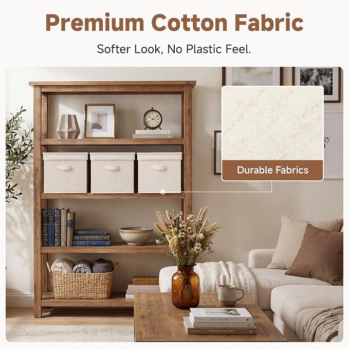 StorageWorks Fabric Storage Bins with Lids, Closet Storage Bins | Lidded Dust-proof, Easy Pull Handles, Foldable, Stackable, Ideal for Clothes Blanket Towel, Jumbo, Rustic Linen, 3-Pack