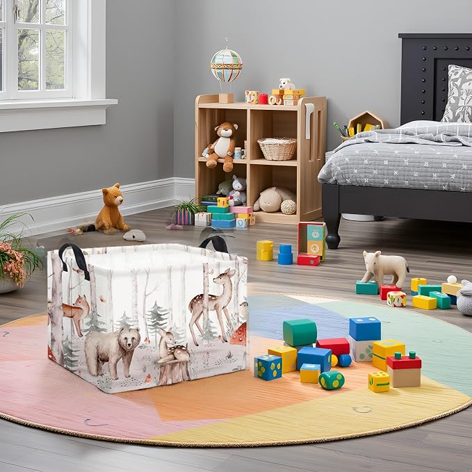 Rectangular Woodland Animal Basket Kids Baby Storage Basket Cute Storage Bin Organizer Shelf Book Woodland Room Decor(Woodland Animal)