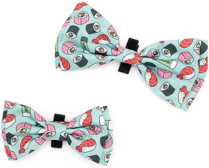 THE WORTHY DOG Food & Sport Print Pet Bow Ties for Dogs & Cats, Sushi | Stylish, Soft Printed Polyester Pet Bow Tie, Attach to Any Collar Easily with Touch Fastener, Sushi, Mint Green, Large