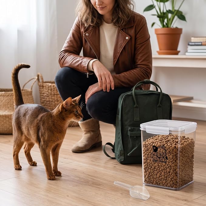 Cat Food Storage Container|Airtight Cat Food Container with Spoon |5.8lbs Pet Food Storage Container|Hold Up to Cat Food Storage Containers|Portable Cat FoodStorage Containers for Travel| BPA Free