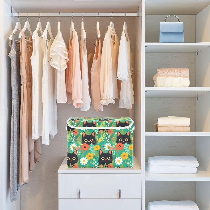 Cute Cat Fabric Fabric Storage Bins with Lid Closet Bedroom Storage | Foldable & Stackable, Flip Top Dust Guard, Reinforced Handles, Home & Bedroom, Clothes & Toys, Oxford Print Basket