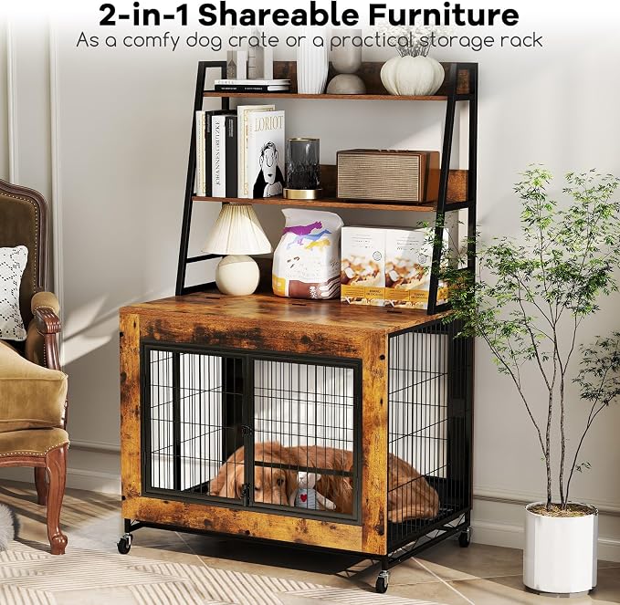 Giantex 38" Dog Crate Furniture with Storage Shelves, Wooden Dog Kennel End Table with Flip Top, 3 Doors, Wheels & Pull-Out Tray, Chew-Resistant Indoor Pet Crate House for Large Dogs, Rustic Brown