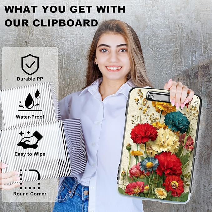 A4 Clipboard with Storage Pen Holder, Clipboards Organizer Nursing Clipboard Foldable File Folder Plastic Clipboard Folio Clip Board for Office Work Classroom Doctor, Pink Yellow Flowers