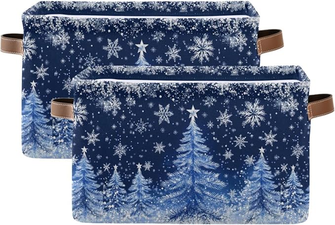 Blue Christmas Tree Storage Basket with Waterproof Liner and PU Handles Sliver Winter Snowflake Xmas Storage Boxes 14.2" Collapsible Decorative Organizer Baskets for Bedroom Closet Office 2 Pack