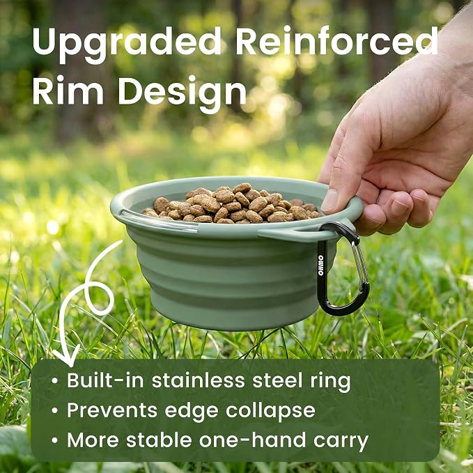 OHMO Small Collapsible Dog Bowls, Steel Rim, 12oz, 2pcs, Coral&Sage Green | Portable Pet Water&Food Bowl, Cat-Friendly, BPA-Free Silicone, Foldable, Hiking&Camping Travel Gear, Stable Shape, Easy-Clean