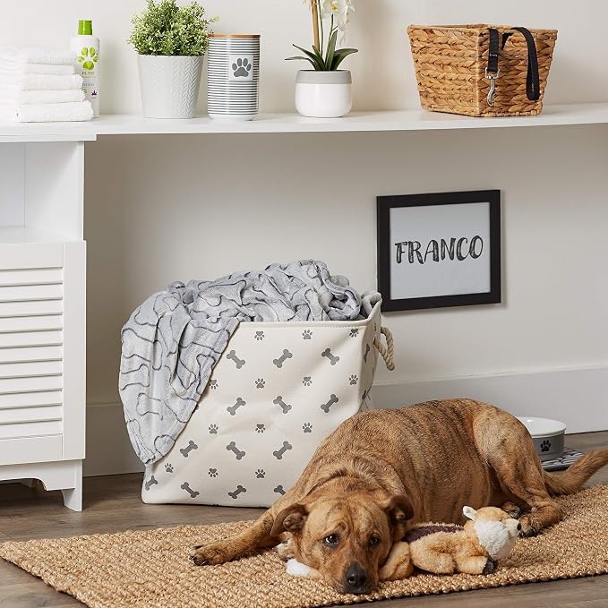 Bone Dry Pet Storage Collection Paw and Bone Print, Large Rectangle, 17.5x12x15", Gray