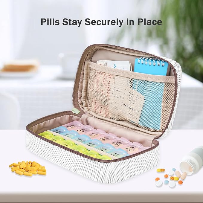 Lexeeco Travel Pill Case for Purse with Weekly Pill Organizer Holder 7 Day | Cute Am Pm Pill Box 7 Day ,Travel Medicine Organizer Pill Container Holder for Vitamins,Fish Oils,Medication,Medical Supplies