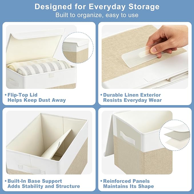 Large 22 Quart Linen Fabric Foldable Storage Bin Cube Organizer Basket with Flip-Top Lid & Handles, Clothes Blanket Box for Home, Office, Closet, Beige & White, 4 Pack 14.6 x 9.5 x 9.5”
