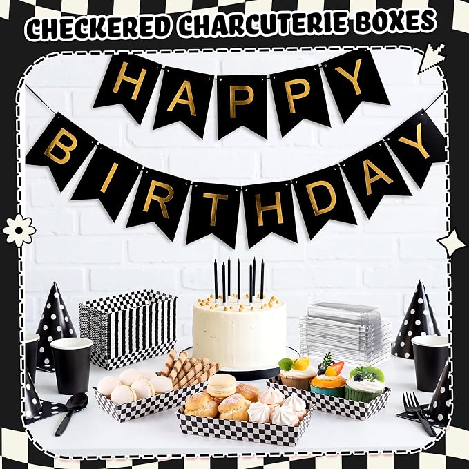 Bokon 50 Pack Black White Checkered Boxes, Small Cookie Boxes with Window, Individual Treat Containers for Sandwich, Cookie, Sushi, Cake Slice, Race Car Party Favors
