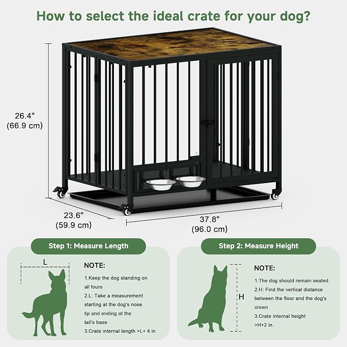 Heavy Duty Dog Crate for Medium Dogs, 3 in 1 37.8" Foldable Collapsible Dog Kennel & Playpen with Wheels & Feeding Bowls, Escape-Proof Metal Dog Cage for Indoor Outdoor Use, Rustic Brown