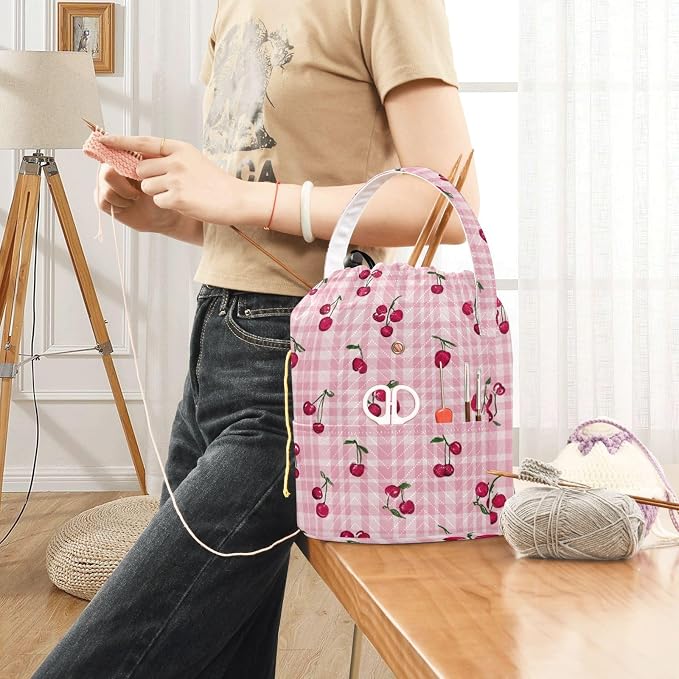 Tatenale Crochet Bag Yarn Bag Knitting Project Bag with Pockets and Handle Portable Yarn Storage Organizer Tangle Free 8.3x11 InchPink Cute Checkered Cherry13