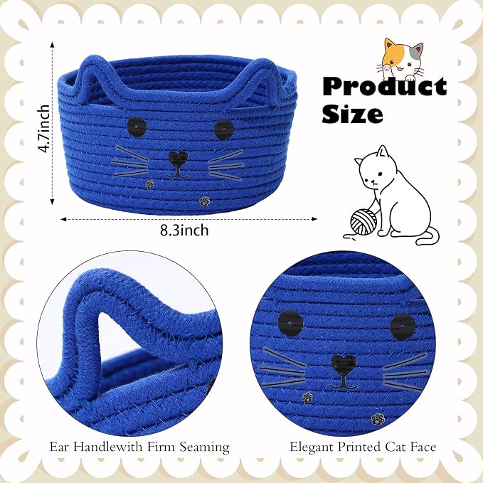 Zopeal Cat Storage Basket Woven Organizer with Ears Decorative Gift Cute Cotton Rope Pet Toy Basket for Gift Cat Dog Toy Bin Nursery Room(8.3 x 4.7 Inch,Royal Blue)