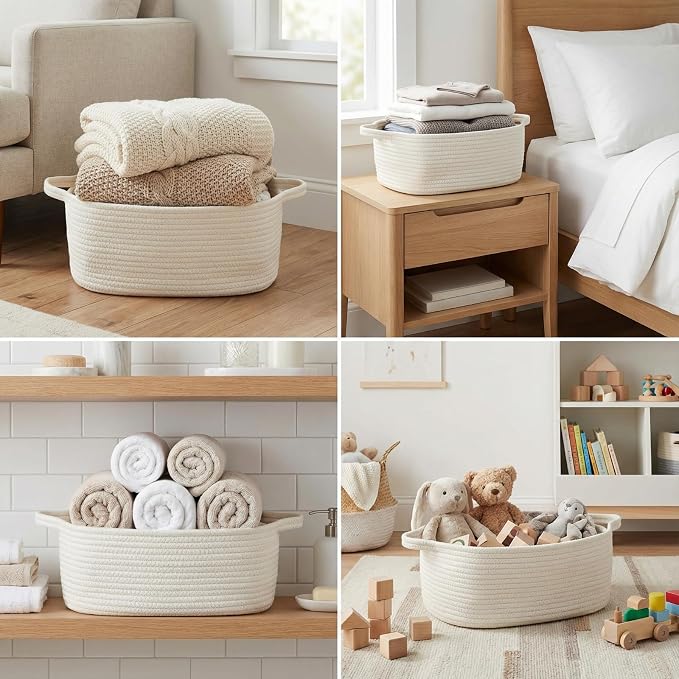 Cotton Rope Storage Basket with Handles, Natural Woven Basket, Decorative Rectangle Organizer Bin for Home, Nursery, Montessori, Dog Toy Storage and Bathroom Organization, White