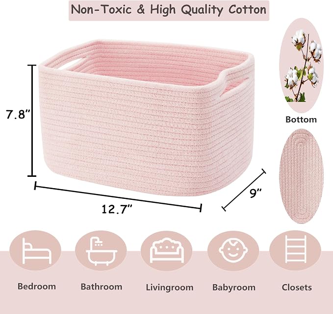 Pink Storage Basket for Shelves Woven Rope Storage Bins for Girl | Set of 4 Baskets for Organizing Rectangle Storage Basket Bins for Baby Nursery Toy Storage 12.7"L x 9"W x 7.8"H