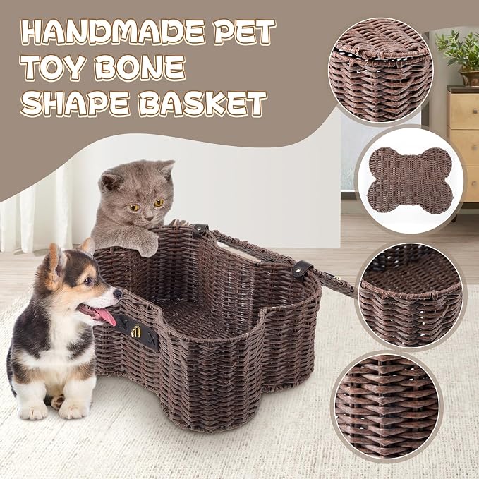 Barydat 2 Set Large Small Dog Toy Basket with Lid Bone Shaped Basket for Dog Natural Wicker Woven Handmade Pet Puppy Toy Organizer and Storage Box Bin for Cats(Wicker,Dark Brown)