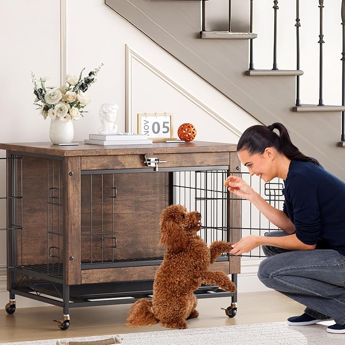 Rustic Brown with Dog Crate Furniture with Wheels, Easy Mobility & Secure Placement, Dual Doors & Top-Opening Access, Cleaning & Comfort, Multi-Functional & Space-Saving Design