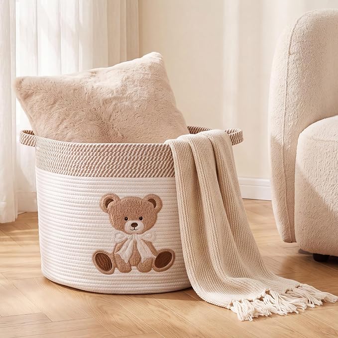 LemonRoad Extra Large Basket 20"x14", Woven Basket for Laundry Blanket Toy Box with Handle Storage, Blanket Storage for Living Room Nursery Pillows Chest(Cotton Rope,Bow Bear,Brown White)