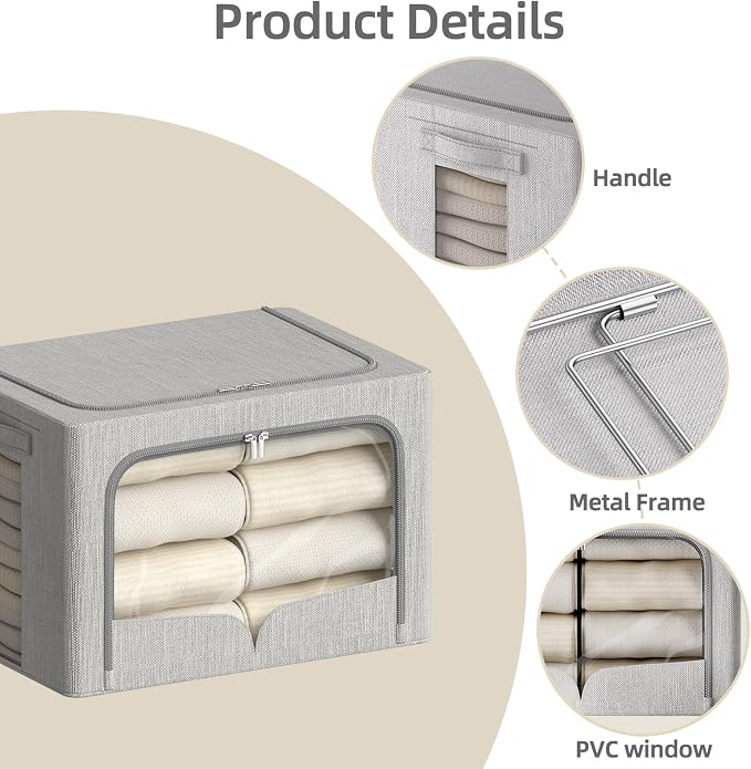 FHSQX 3 Pack Clothes Storage Bins - Foldable Metal Frame Storage Box - Stackable Linen Fabric Container Organizer Set with Carrying Handles and Clear Window (Light Gray, 15.7x11.8x9.8inch(30L))