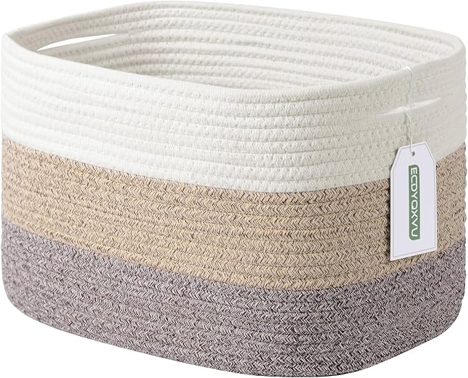 ECDYQXVU 15x10x9 Inch Woven Cotton Rope Storage Basket, 1 Pack | Foldable Design, Built-in Handles, Space-saving Organizer for Living Room, Bedroom, Laundry, Shelves, Clothes, Towels
