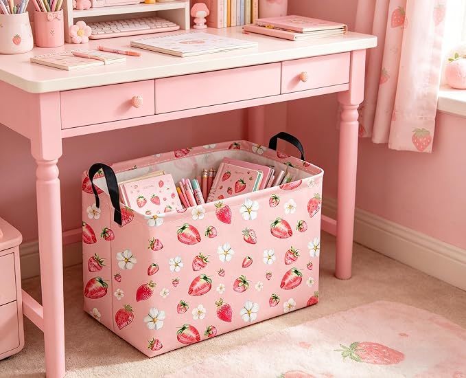 Sanjiaofeng Rectangular Strawberry Storage Baskets Baby Girl Basket Kids Baby Storage Basket Waterproof Collapsible Storage Bin Cute Organizer Box Girl Room Decor(Strawberry)