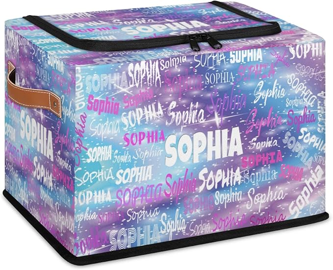Custom Rectangle Storage Basket Zipper Lid, Personalized Name Organizer Bin for Pet/Children Toys, Books, Clothes, Perfect for Rooms/Playroom, Purple Blue Galaxy with Stars