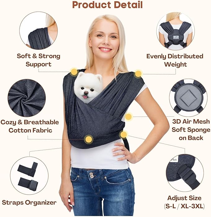 AnccoPlus Small Dog Sling Carrier, Hands-Free, Charcoal Black, Plus | Patented Front Carrier Reduces Back and Neck Strain; Adjustable, Soft Cotton, 3D Air Mesh for Puppies & Cats up to 20 lb