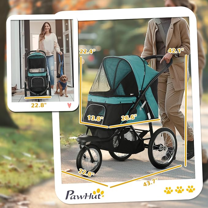 PawHut 3 Wheels Pet Stroller Foldable Jogger for Medium Dogs Dark Green | Adjustable Canopy, Safety Tether, Cushion, Storage Basket, Portable for Meidum Dogs and Cats
