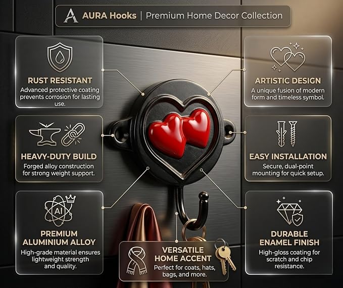 Aluminium Heart Print Wall Hook for Entryway, Bedroom & Bathroom | Decorative Heavy Duty Wall Mounted Coat Hook for Keys, Hats, Towels, Bags & Home Décor Organizer
